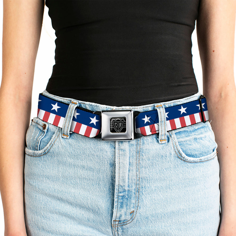 BD Wings Logo CLOSE-UP Full Color Black Silver Seatbelt Belt - Americana Stars & Stripes2 Blue/White/Red/White Webbing - Buckle-Down - Flyclothing LLC