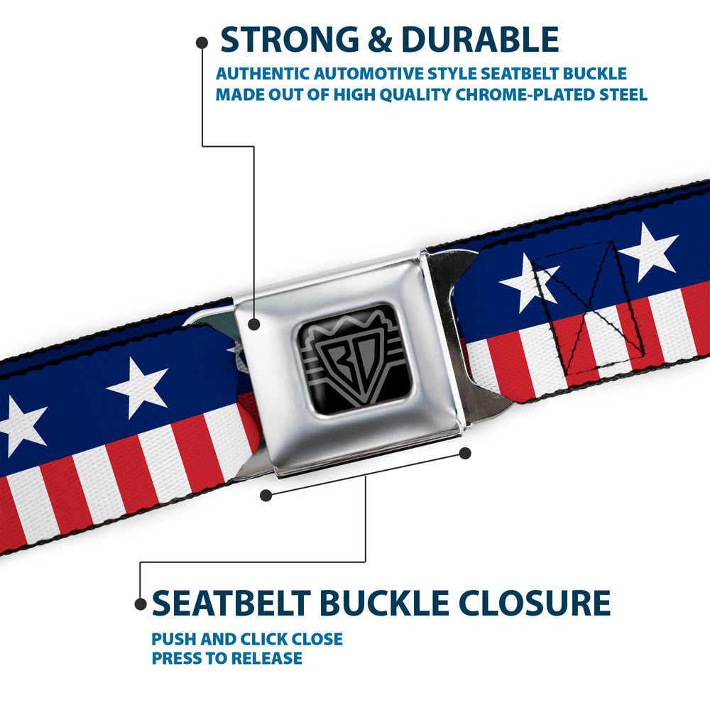 BD Wings Logo CLOSE-UP Full Color Black Silver Seatbelt Belt - Americana Stars & Stripes2 Blue/White/Red/White Webbing - Buckle-Down - Flyclothing LLC