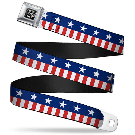 BD Wings Logo CLOSE-UP Full Color Black Silver Seatbelt Belt - Americana Stars & Stripes2 Blue/White/Red/White Webbing - Buckle-Down - Flyclothing LLC