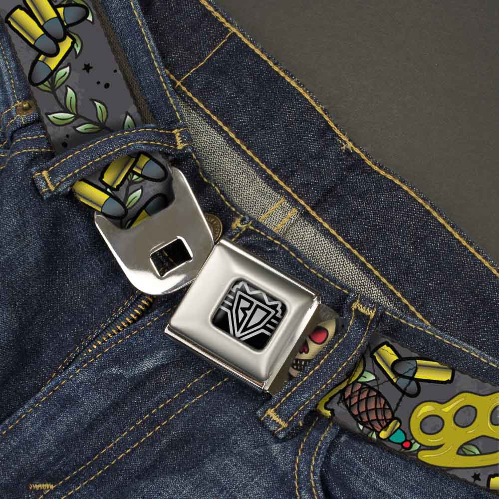 BD Wings Logo CLOSE-UP Full Color Black Silver Seatbelt Belt - Born to Raise Hell Gray Webbing - Buckle-Down - Flyclothing LLC
