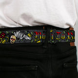 BD Wings Logo CLOSE-UP Full Color Black Silver Seatbelt Belt - Born to Raise Hell Gray Webbing - Buckle-Down - Flyclothing LLC
