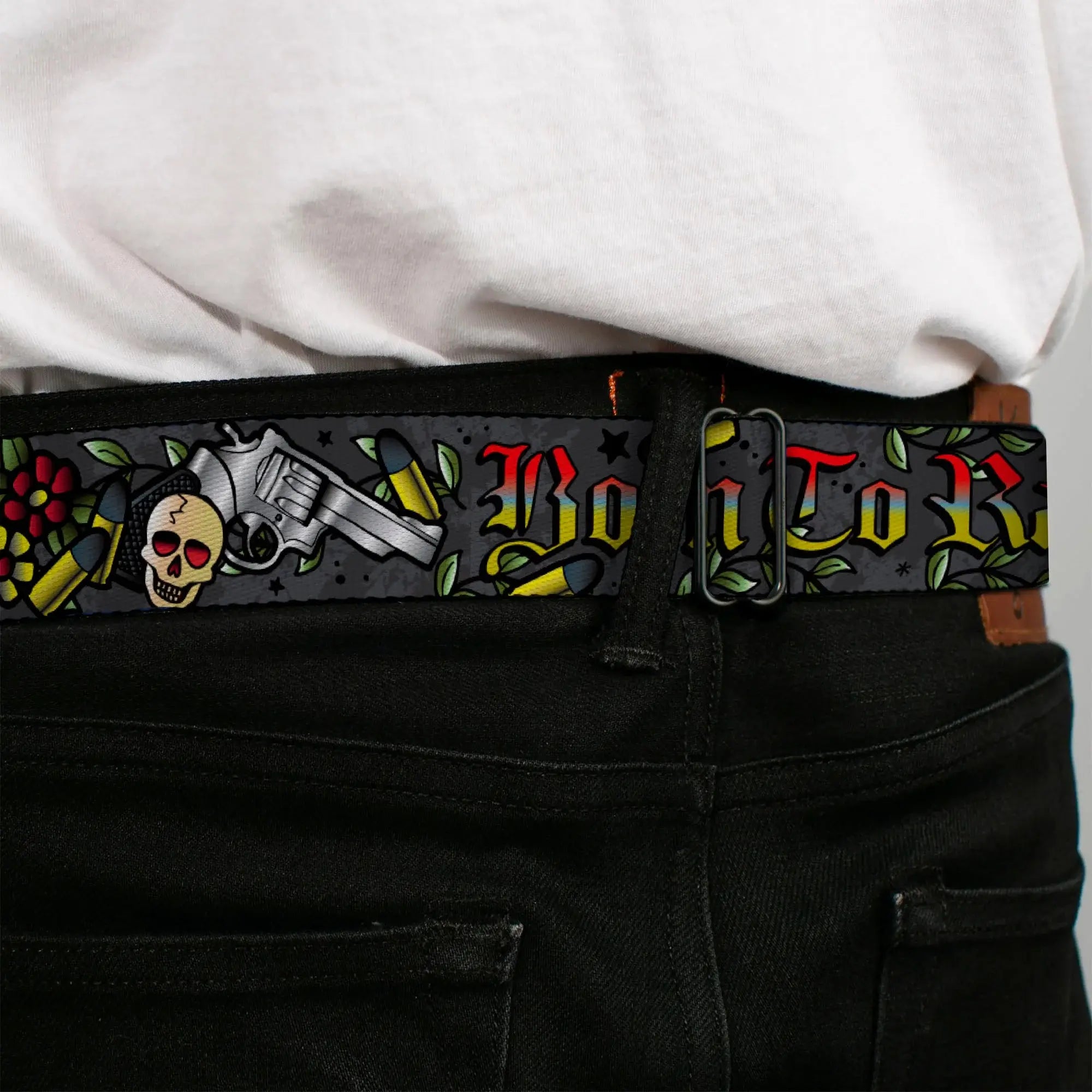 BD Wings Logo CLOSE-UP Full Color Black Silver Seatbelt Belt - Born to Raise Hell Gray Webbing - Buckle-Down - Flyclothing LLC
