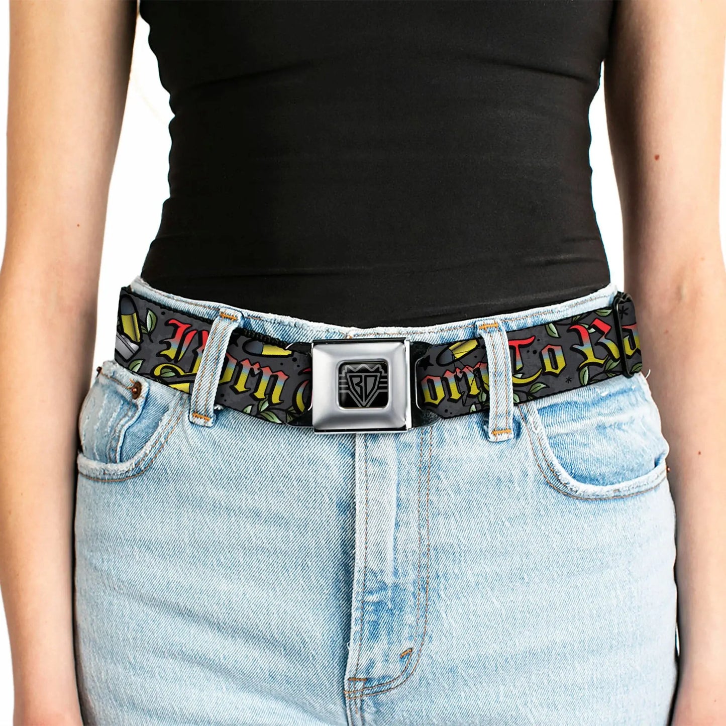 BD Wings Logo CLOSE-UP Full Color Black Silver Seatbelt Belt - Born to Raise Hell Gray Webbing - Buckle-Down - Flyclothing LLC