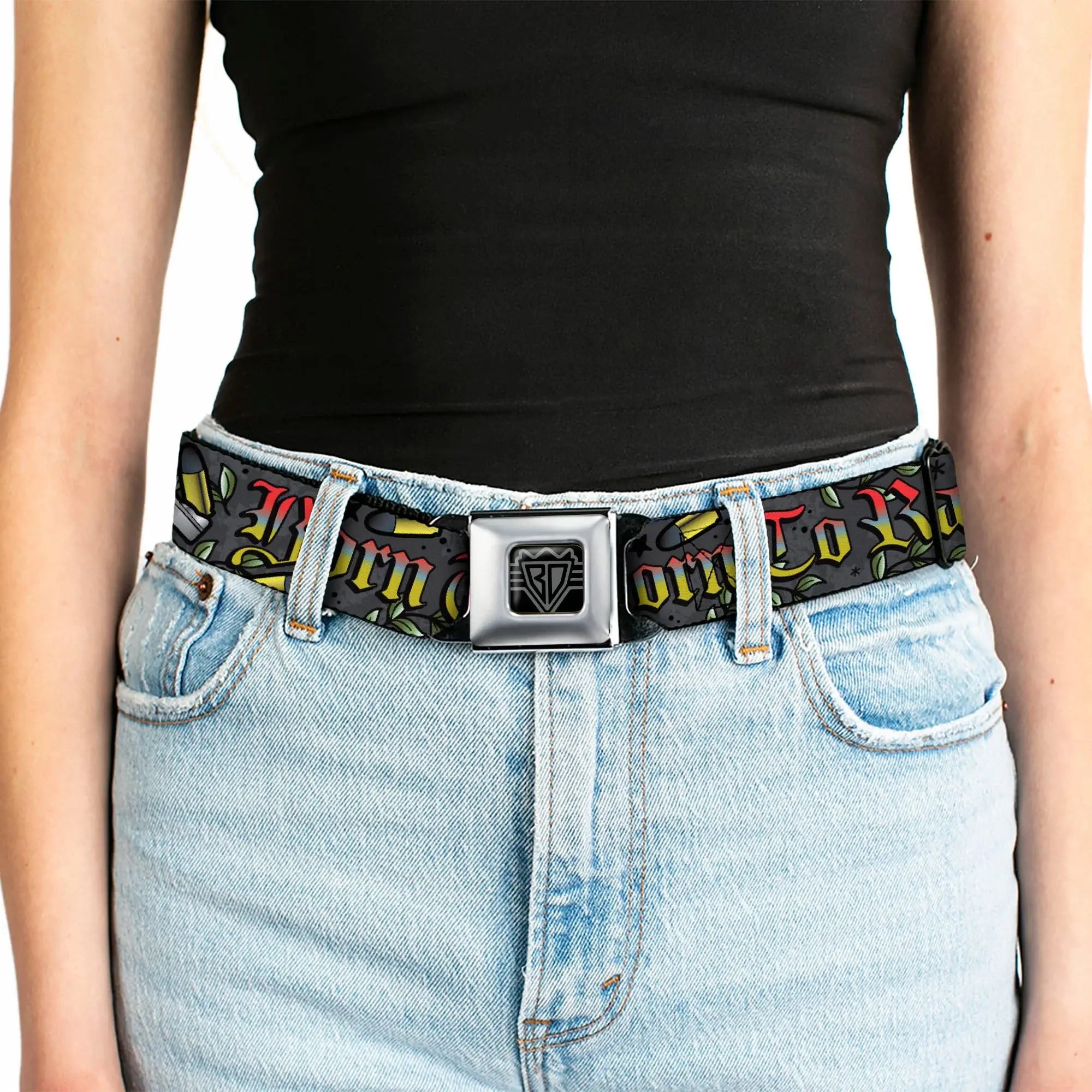 BD Wings Logo CLOSE-UP Full Color Black Silver Seatbelt Belt - Born to Raise Hell Gray Webbing - Buckle-Down - Flyclothing LLC
