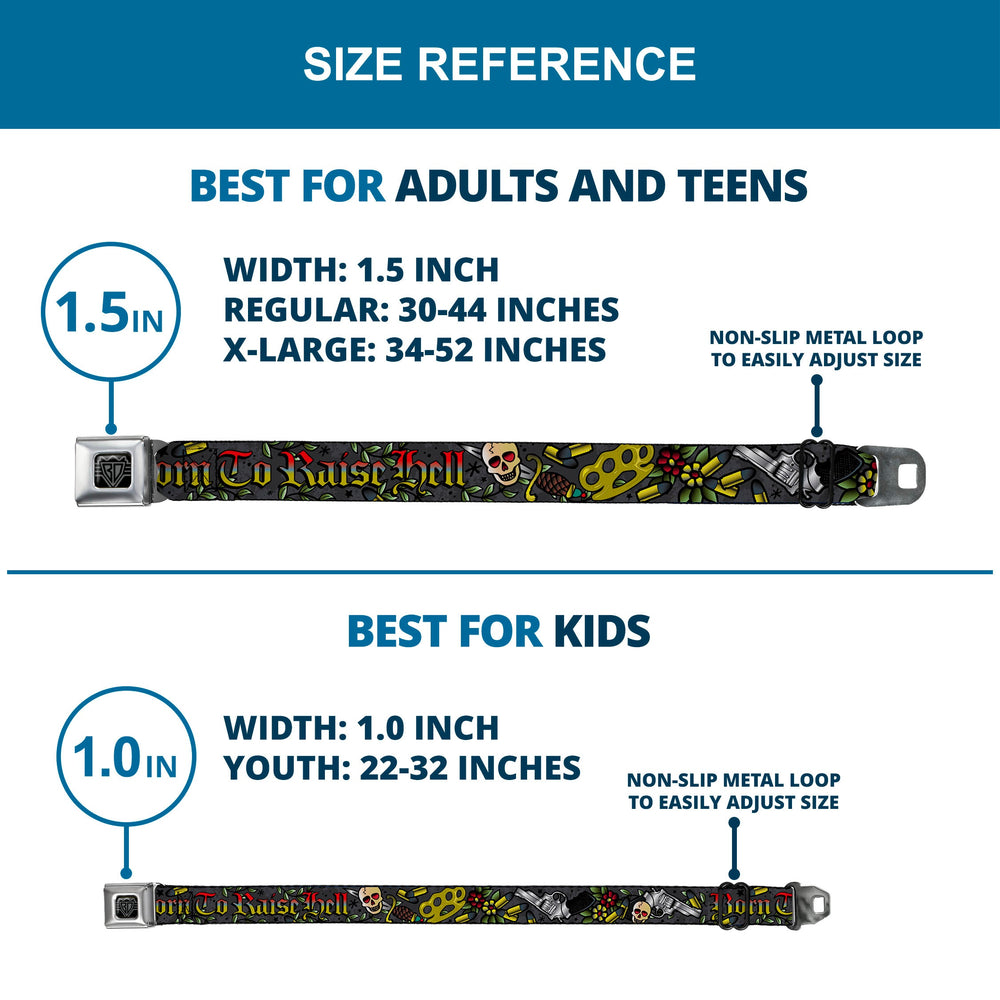 BD Wings Logo CLOSE-UP Full Color Black Silver Seatbelt Belt - Born to Raise Hell Gray Webbing - Buckle-Down - Flyclothing LLC