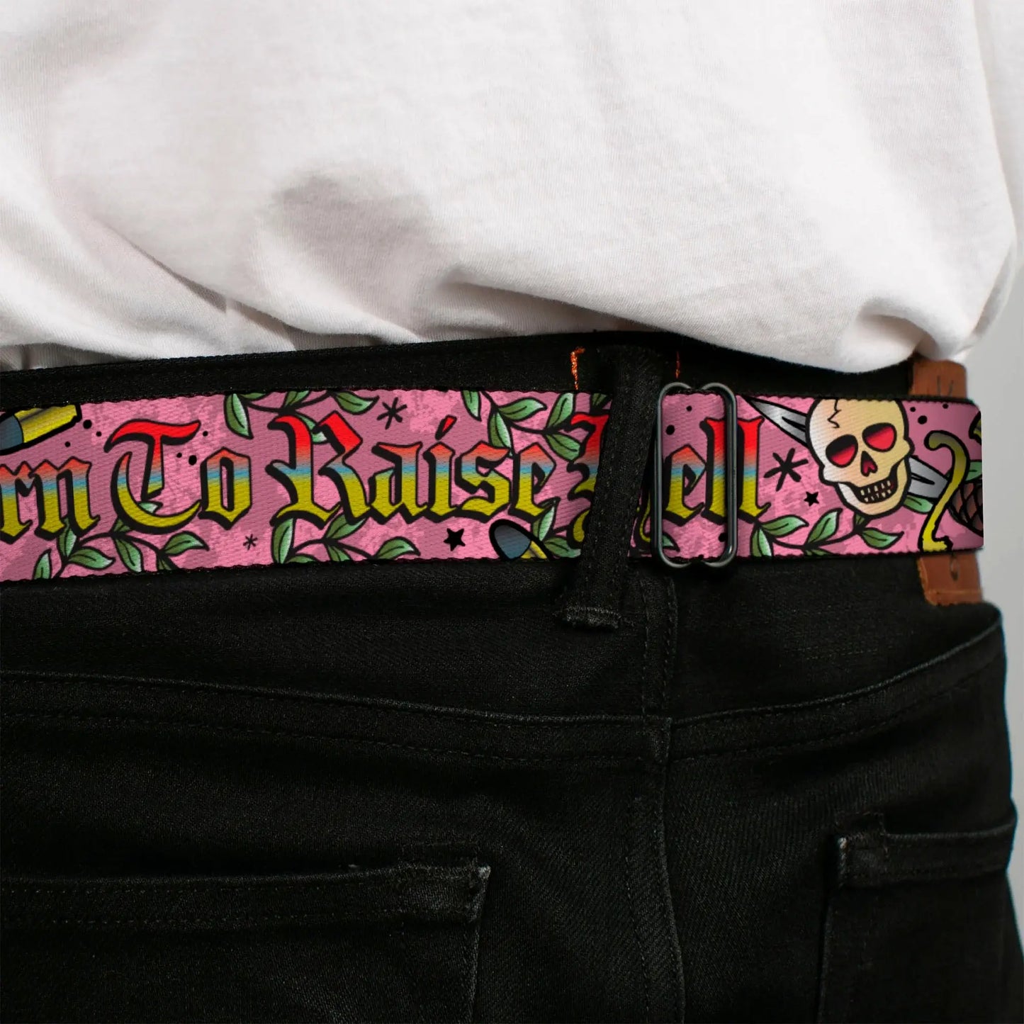BD Wings Logo CLOSE-UP Full Color Black Silver Seatbelt Belt - Born to Raise Hell Pink Webbing - Buckle-Down - Flyclothing LLC