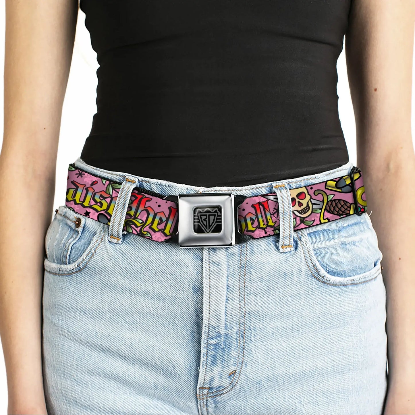 BD Wings Logo CLOSE-UP Full Color Black Silver Seatbelt Belt - Born to Raise Hell Pink Webbing - Buckle-Down - Flyclothing LLC