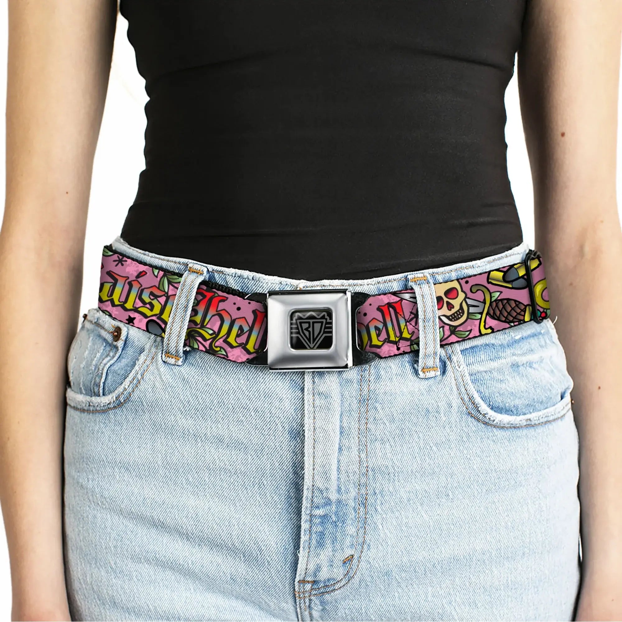 BD Wings Logo CLOSE-UP Full Color Black Silver Seatbelt Belt - Born to Raise Hell Pink Webbing - Buckle-Down - Flyclothing LLC