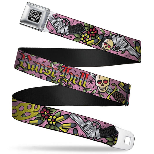 BD Wings Logo CLOSE-UP Full Color Black Silver Seatbelt Belt - Born to Raise Hell Pink Webbing - Buckle-Down - Flyclothing LLC