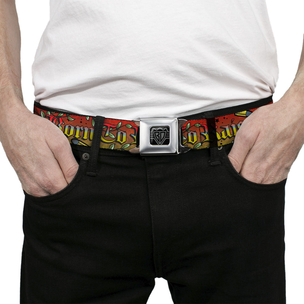 BD Wings Logo CLOSE-UP Full Color Black Silver Seatbelt Belt - Born to Raise Hell Red Webbing - Buckle-Down - Flyclothing LLC