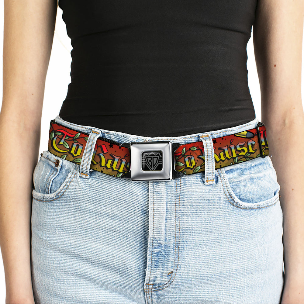 BD Wings Logo CLOSE-UP Full Color Black Silver Seatbelt Belt - Born to Raise Hell Red Webbing - Buckle-Down - Flyclothing LLC