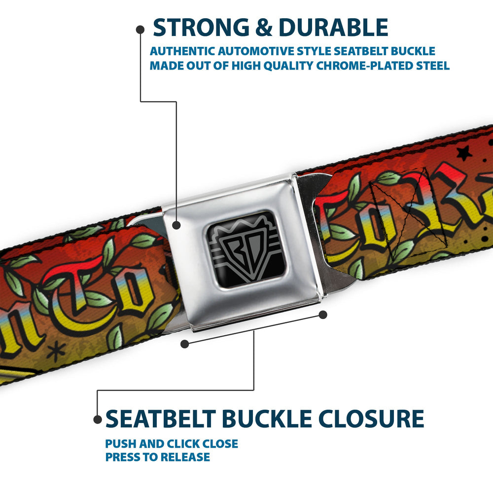 BD Wings Logo CLOSE-UP Full Color Black Silver Seatbelt Belt - Born to Raise Hell Red Webbing - Buckle-Down - Flyclothing LLC