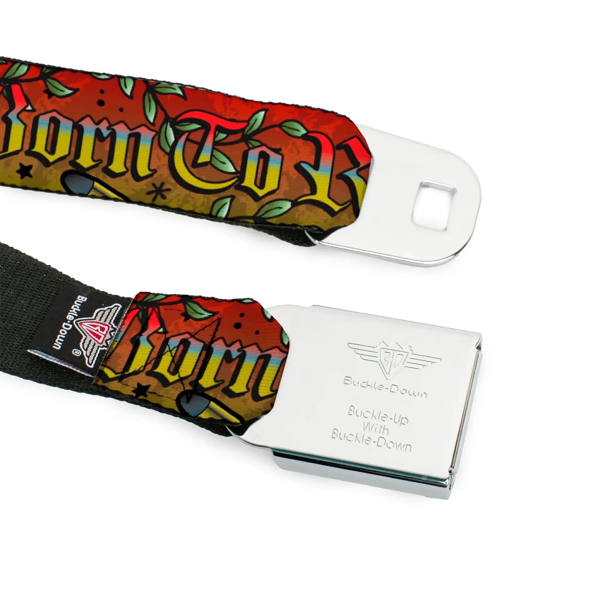 BD Wings Logo CLOSE-UP Full Color Black Silver Seatbelt Belt - Born to Raise Hell Red Webbing - Buckle-Down - Flyclothing LLC