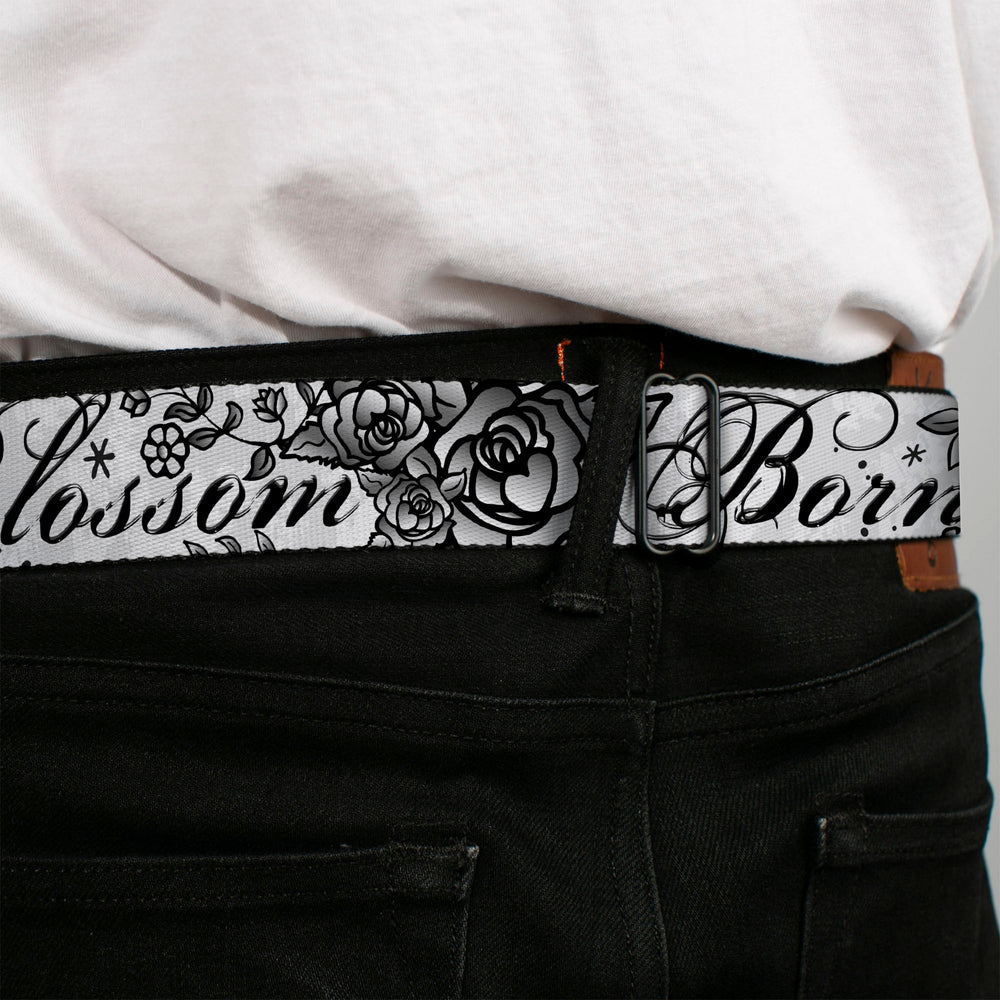 BD Wings Logo CLOSE-UP Full Color Black Silver Seatbelt Belt - Born to Blossom Black/White Webbing - Buckle-Down - Flyclothing LLC