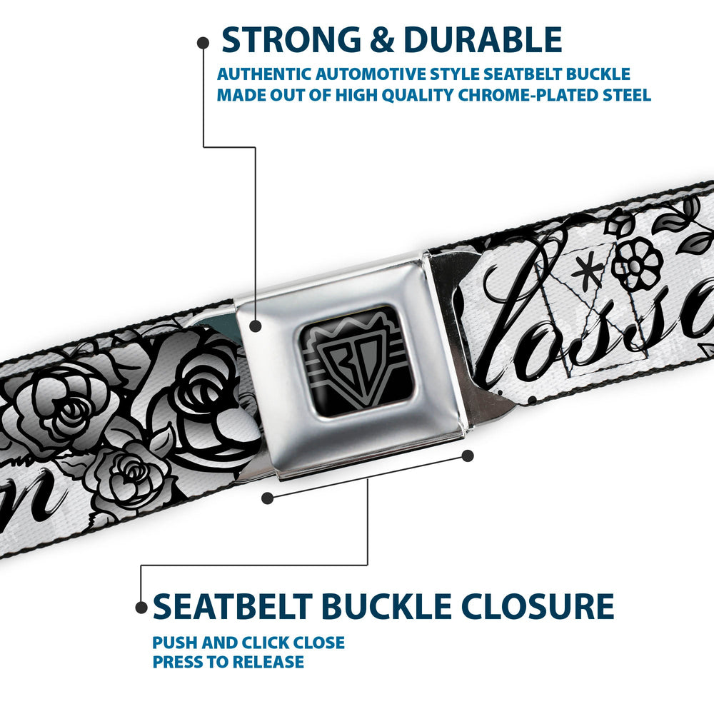 BD Wings Logo CLOSE-UP Full Color Black Silver Seatbelt Belt - Born to Blossom Black/White Webbing - Buckle-Down - Flyclothing LLC