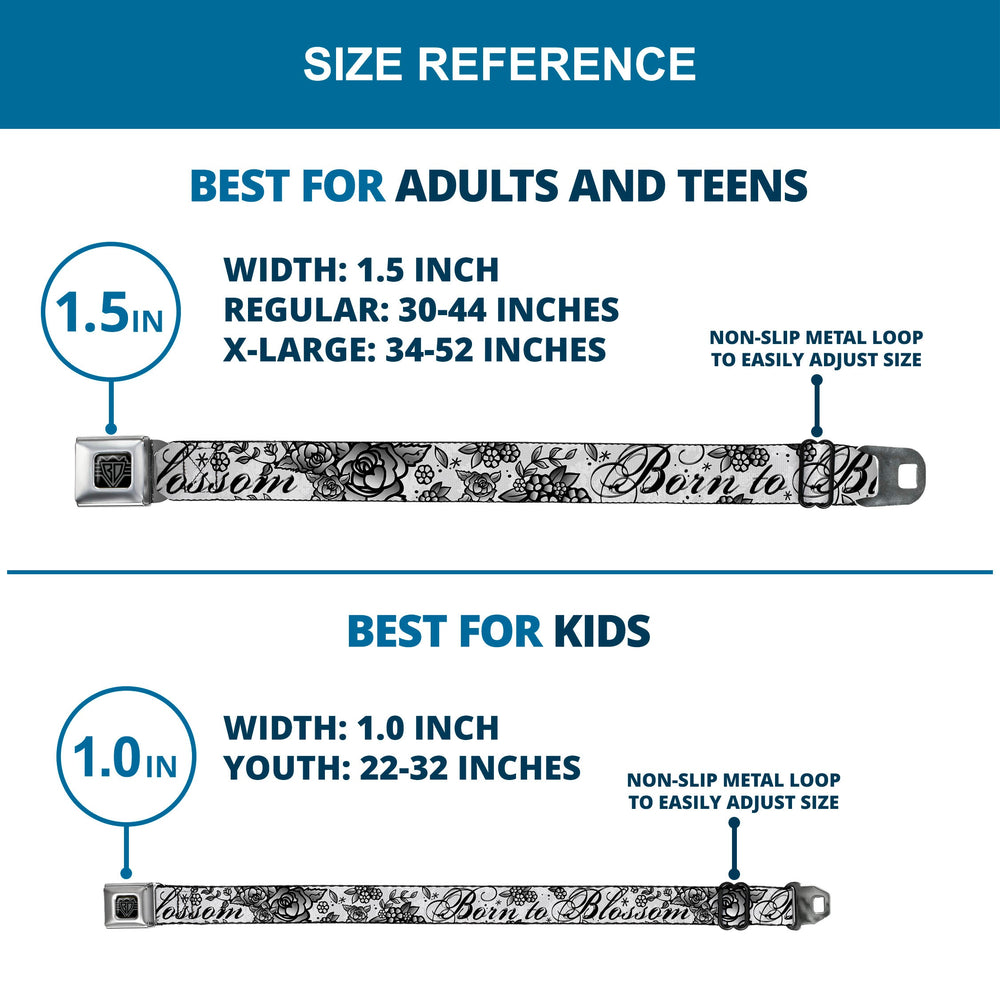 BD Wings Logo CLOSE-UP Full Color Black Silver Seatbelt Belt - Born to Blossom Black/White Webbing - Buckle-Down - Flyclothing LLC