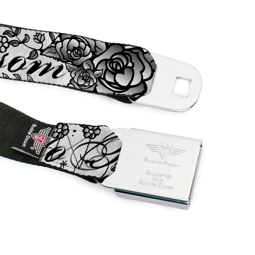 BD Wings Logo CLOSE-UP Full Color Black Silver Seatbelt Belt - Born to Blossom Black/White Webbing - Buckle-Down - Flyclothing LLC