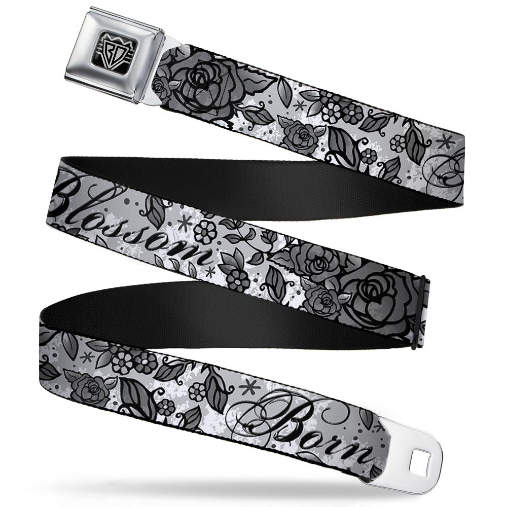 BD Wings Logo CLOSE-UP Full Color Black Silver Seatbelt Belt - Born to Blossom Black/White Webbing - Buckle-Down - Flyclothing LLC