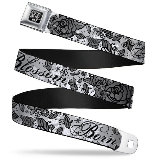BD Wings Logo CLOSE-UP Full Color Black Silver Seatbelt Belt - Born to Blossom Black/White Webbing - Buckle-Down - Flyclothing LLC