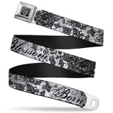 BD Wings Logo CLOSE-UP Full Color Black Silver Seatbelt Belt - Born to Blossom Black/White Webbing - Buckle-Down - Flyclothing LLC