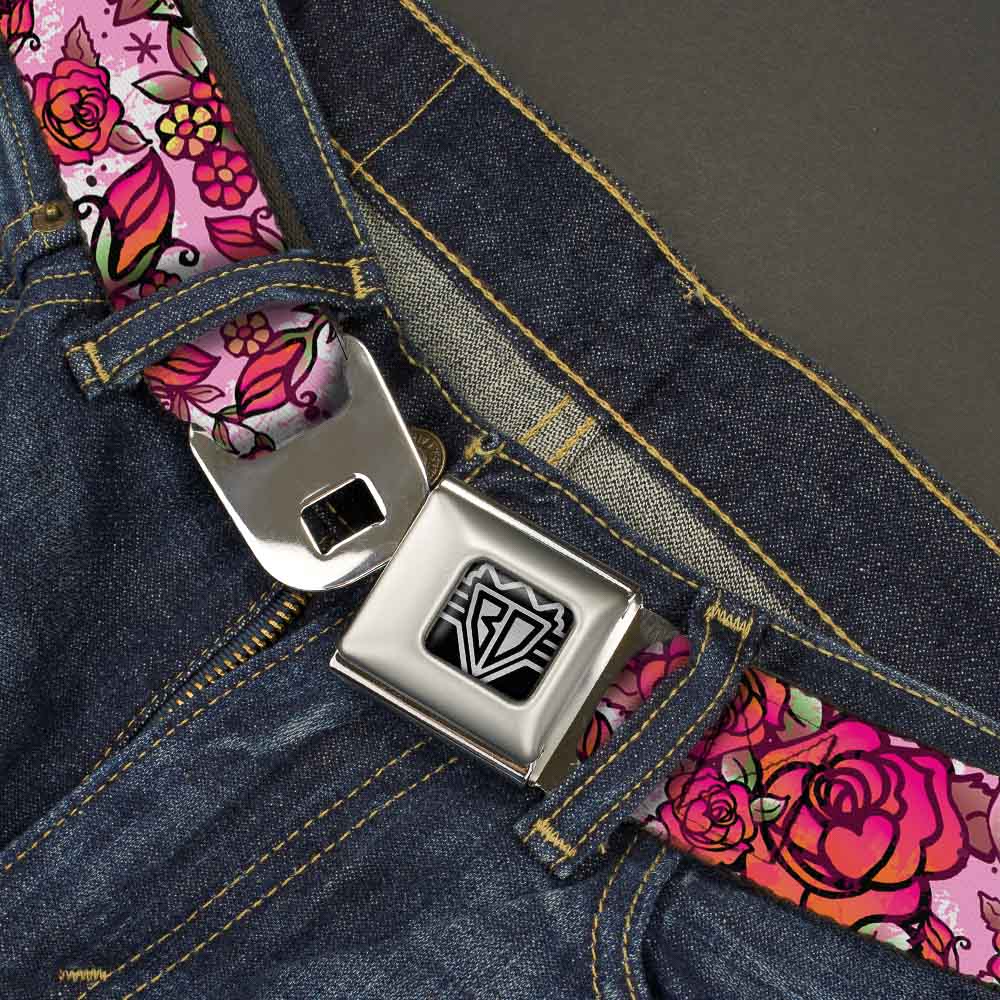BD Wings Logo CLOSE-UP Full Color Black Silver Seatbelt Belt - Born to Blossom CLOSE-UP White Webbing - Buckle-Down - Flyclothing LLC