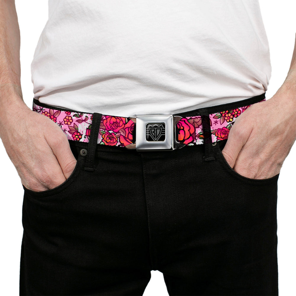 BD Wings Logo CLOSE-UP Full Color Black Silver Seatbelt Belt - Born to Blossom CLOSE-UP White Webbing - Buckle-Down - Flyclothing LLC