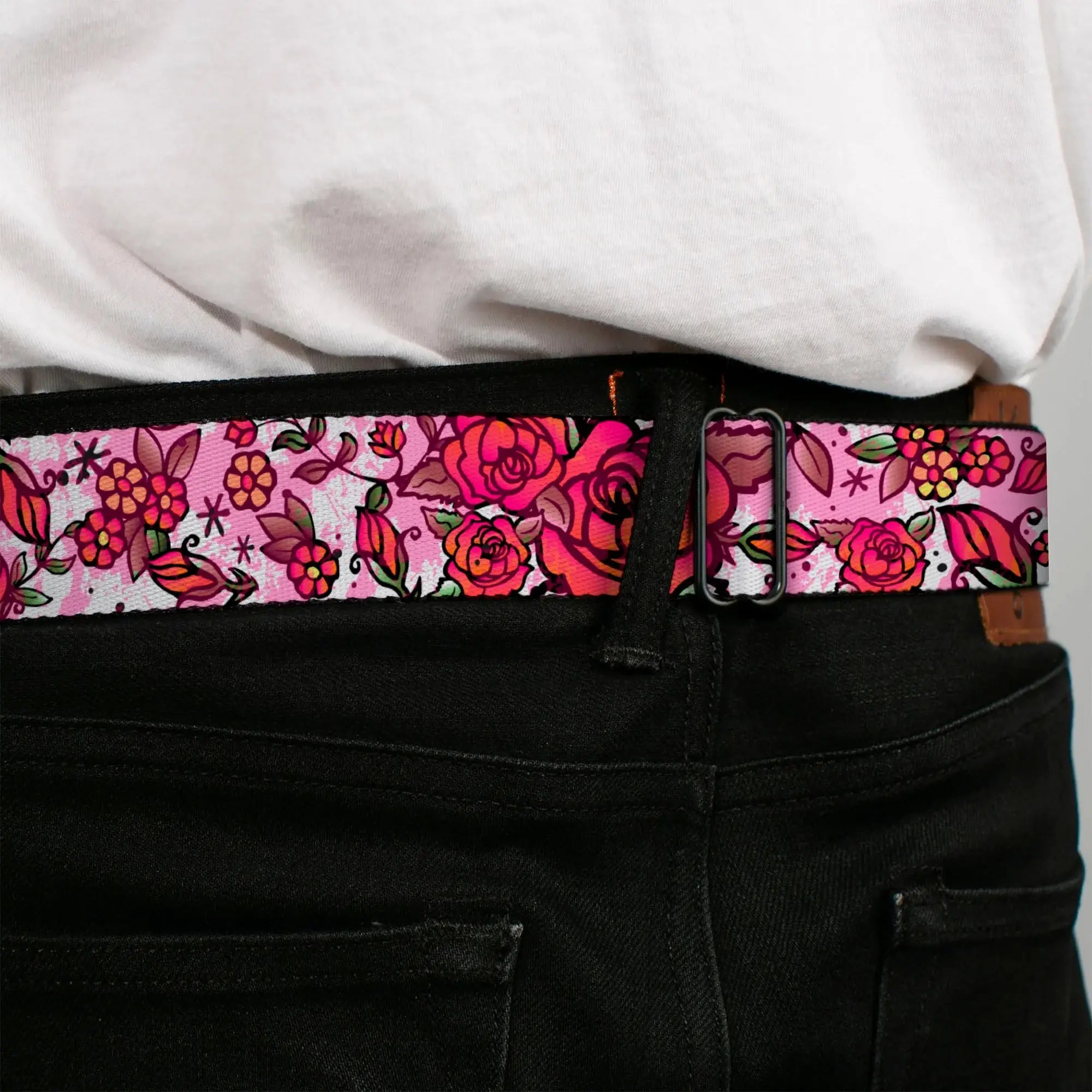 BD Wings Logo CLOSE-UP Full Color Black Silver Seatbelt Belt - Born to Blossom CLOSE-UP White Webbing - Buckle-Down - Flyclothing LLC