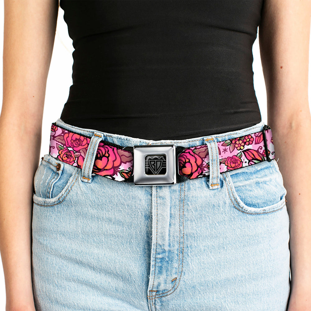 BD Wings Logo CLOSE-UP Full Color Black Silver Seatbelt Belt - Born to Blossom CLOSE-UP White Webbing - Buckle-Down - Flyclothing LLC