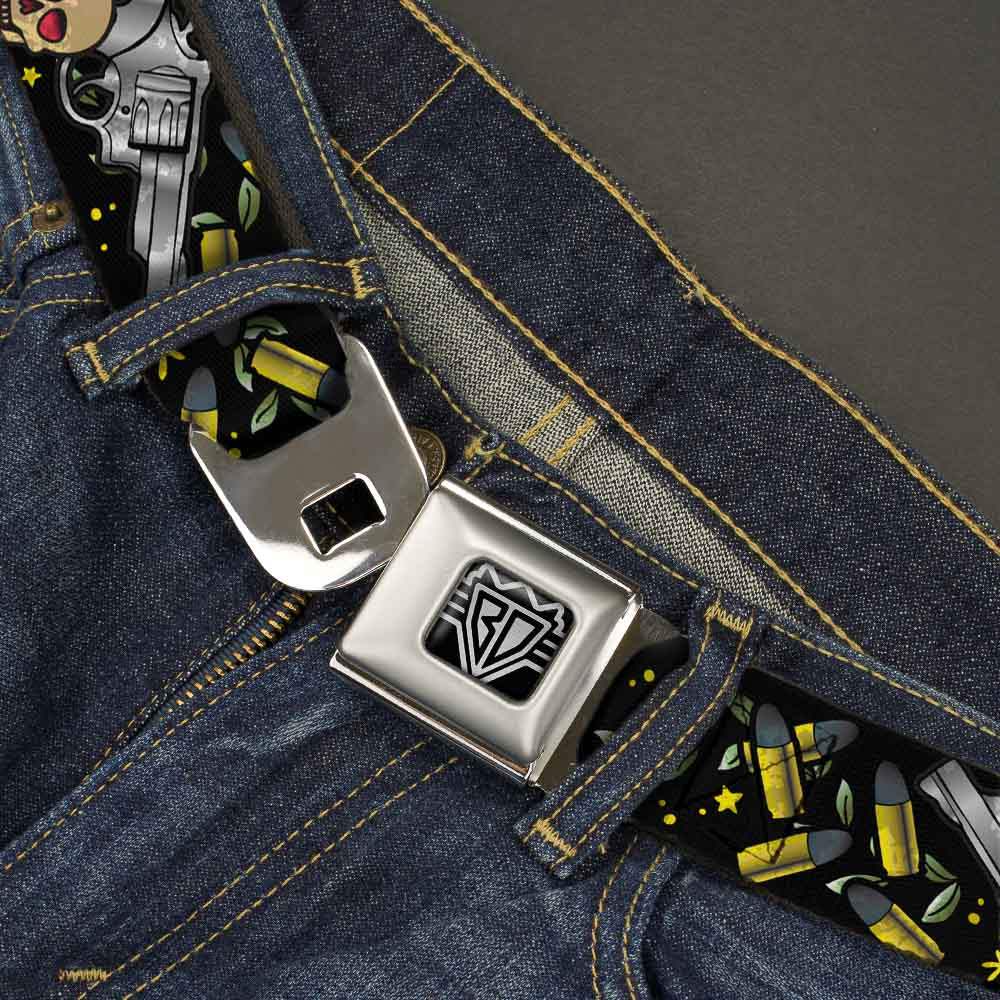 BD Wings Logo CLOSE-UP Full Color Black Silver Seatbelt Belt - Born to Raise Hell CLOSE-UP Black Webbing - Buckle-Down - Flyclothing LLC