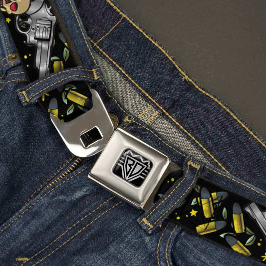 BD Wings Logo CLOSE-UP Full Color Black Silver Seatbelt Belt - Born to Raise Hell CLOSE-UP Black Webbing - Buckle-Down - Flyclothing LLC