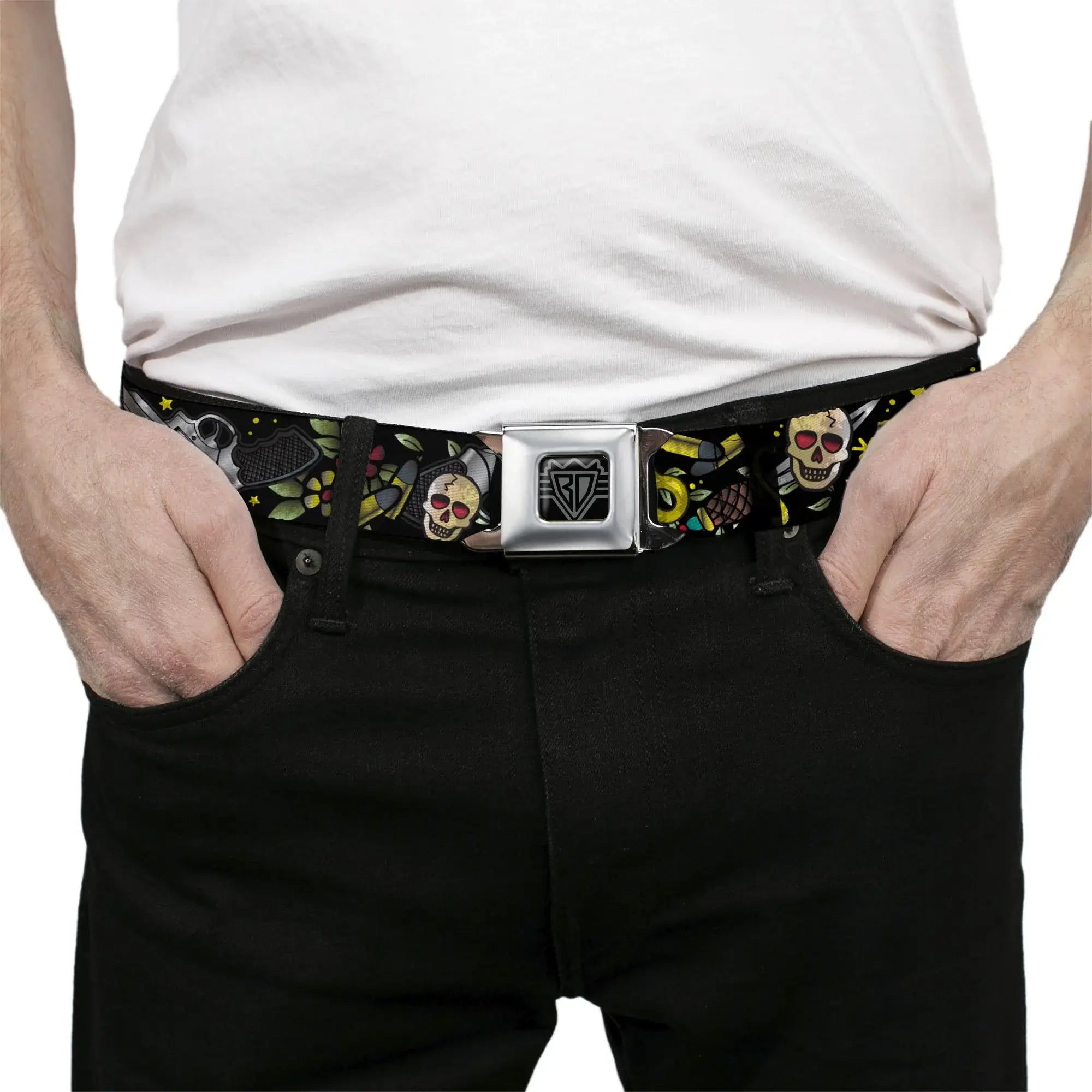 BD Wings Logo CLOSE-UP Full Color Black Silver Seatbelt Belt - Born to Raise Hell CLOSE-UP Black Webbing - Buckle-Down - Flyclothing LLC