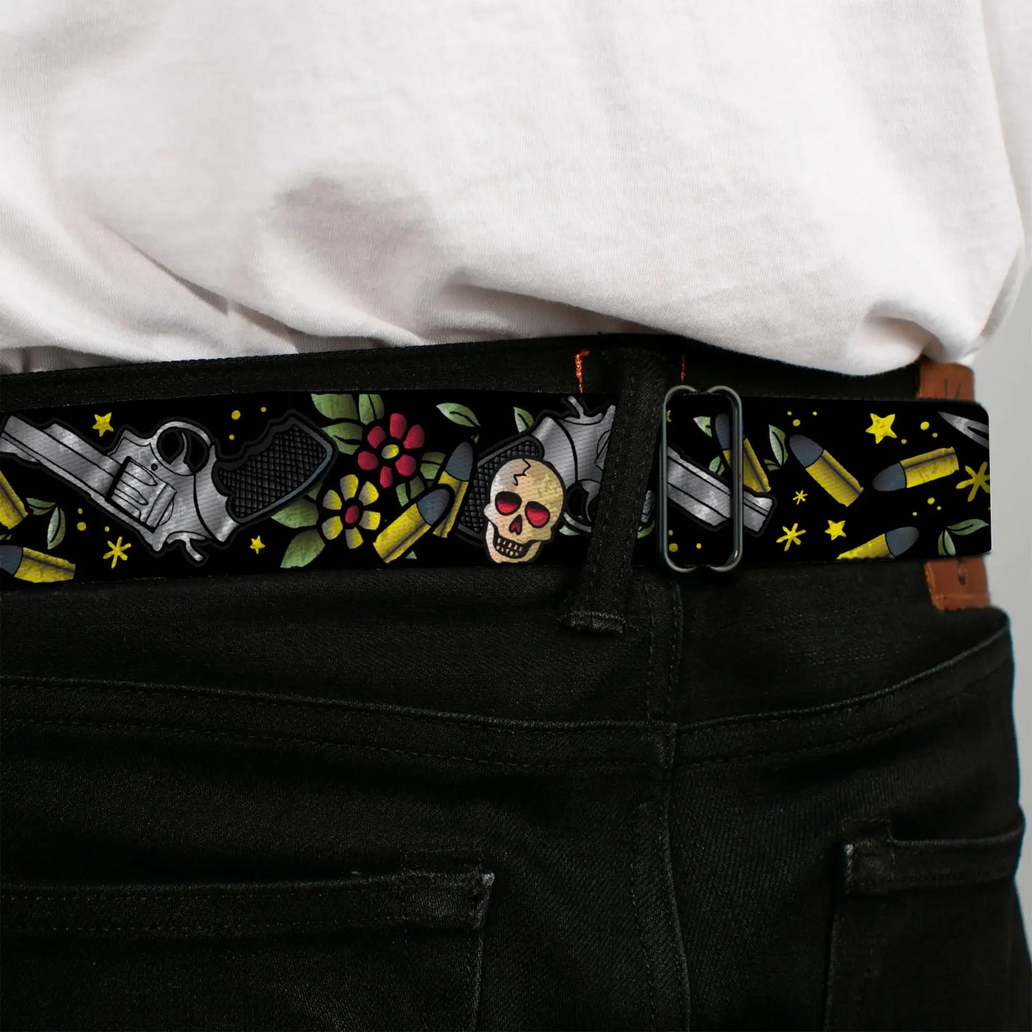 BD Wings Logo CLOSE-UP Full Color Black Silver Seatbelt Belt - Born to Raise Hell CLOSE-UP Black Webbing - Buckle-Down - Flyclothing LLC