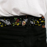 BD Wings Logo CLOSE-UP Full Color Black Silver Seatbelt Belt - Born to Raise Hell CLOSE-UP Black Webbing - Buckle-Down - Flyclothing LLC