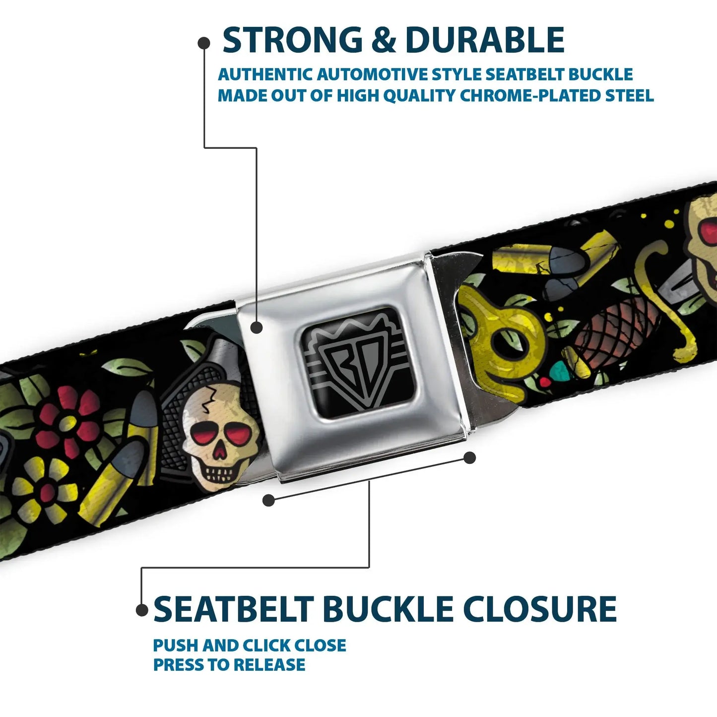 BD Wings Logo CLOSE-UP Full Color Black Silver Seatbelt Belt - Born to Raise Hell CLOSE-UP Black Webbing - Buckle-Down - Flyclothing LLC