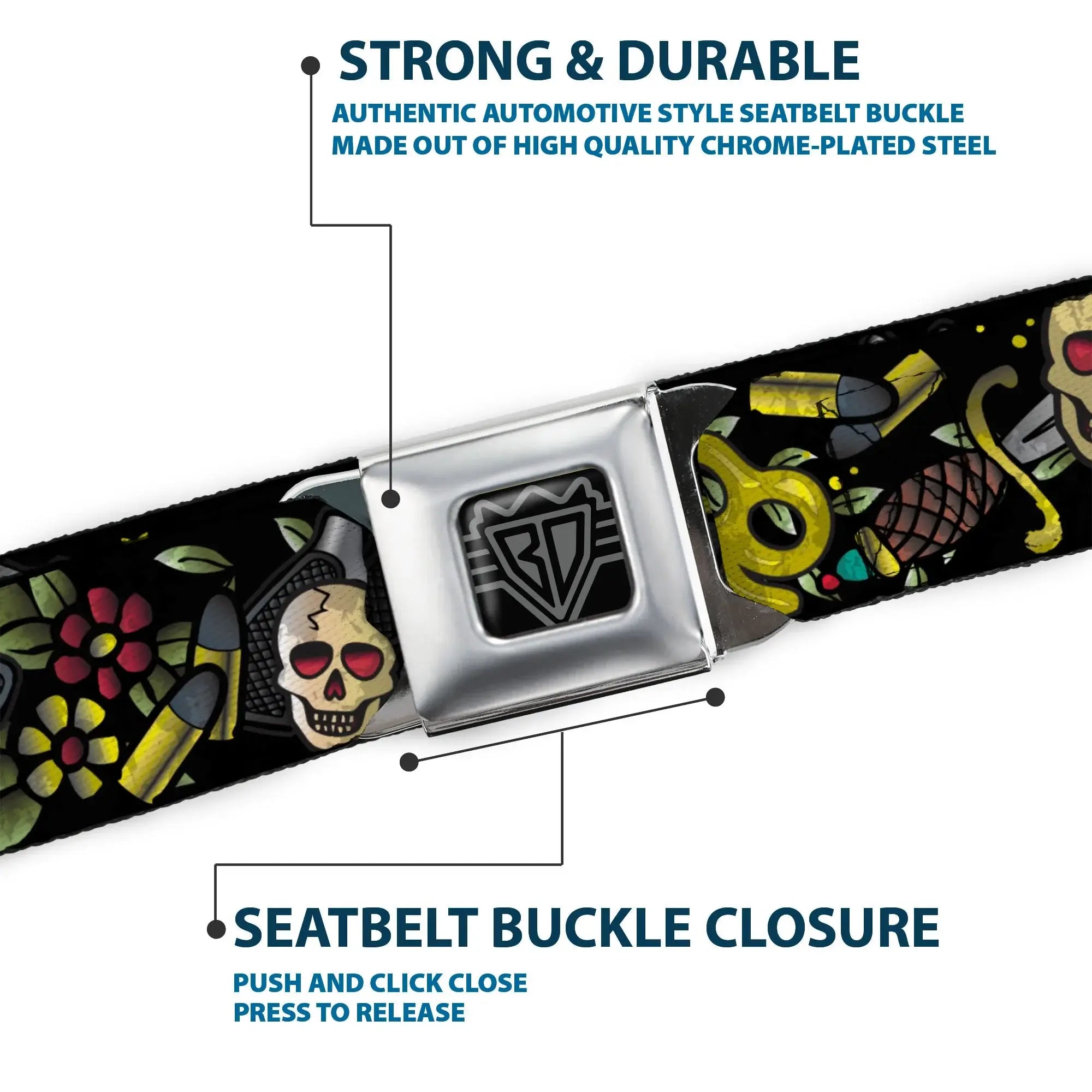 BD Wings Logo CLOSE-UP Full Color Black Silver Seatbelt Belt - Born to Raise Hell CLOSE-UP Black Webbing - Buckle-Down - Flyclothing LLC