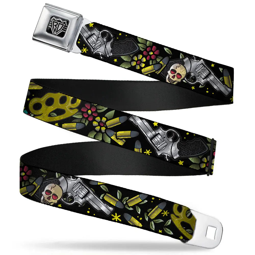 BD Wings Logo CLOSE-UP Full Color Black Silver Seatbelt Belt - Born to Raise Hell CLOSE-UP Black Webbing - Buckle-Down - Flyclothing LLC