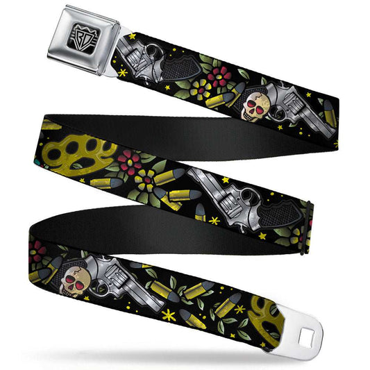 BD Wings Logo CLOSE-UP Full Color Black Silver Seatbelt Belt - Born to Raise Hell CLOSE-UP Black Webbing - Buckle-Down - Flyclothing LLC