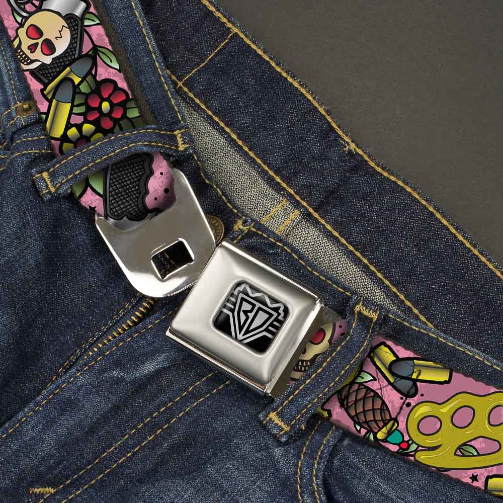 BD Wings Logo CLOSE-UP Full Color Black Silver Seatbelt Belt - Born to Raise Hell CLOSE-UP Pink Webbing - Buckle-Down - Flyclothing LLC