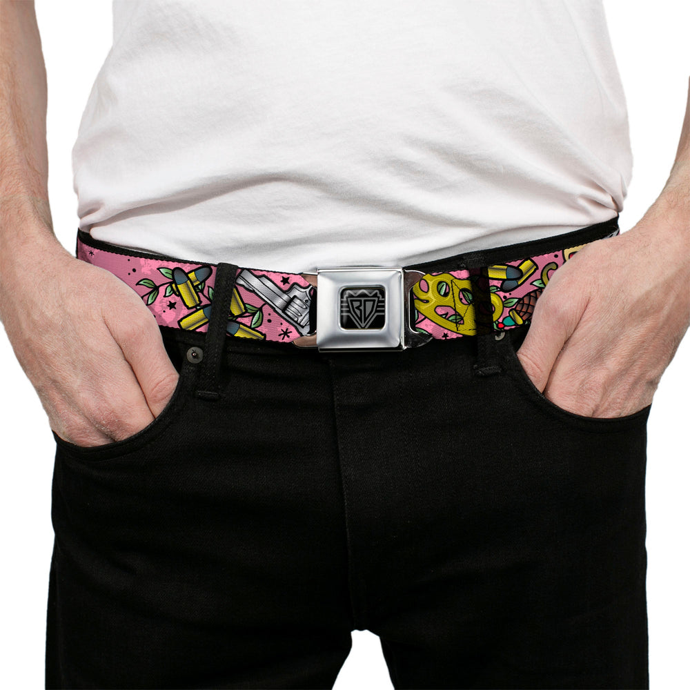 BD Wings Logo CLOSE-UP Full Color Black Silver Seatbelt Belt - Born to Raise Hell CLOSE-UP Pink Webbing - Buckle-Down - Flyclothing LLC