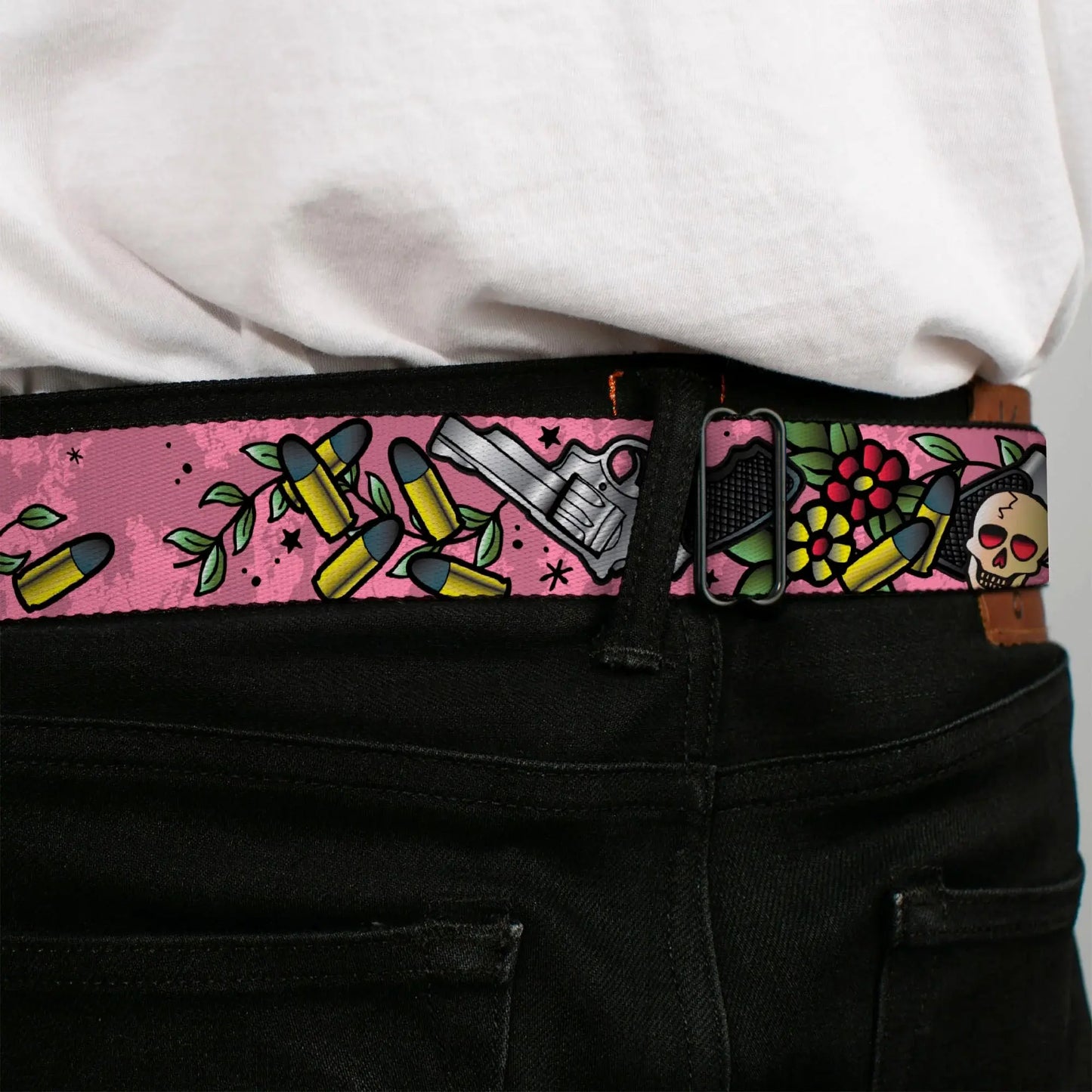 BD Wings Logo CLOSE-UP Full Color Black Silver Seatbelt Belt - Born to Raise Hell CLOSE-UP Pink Webbing - Buckle-Down - Flyclothing LLC