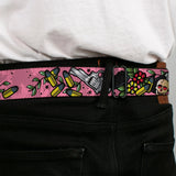 BD Wings Logo CLOSE-UP Full Color Black Silver Seatbelt Belt - Born to Raise Hell CLOSE-UP Pink Webbing - Buckle-Down - Flyclothing LLC