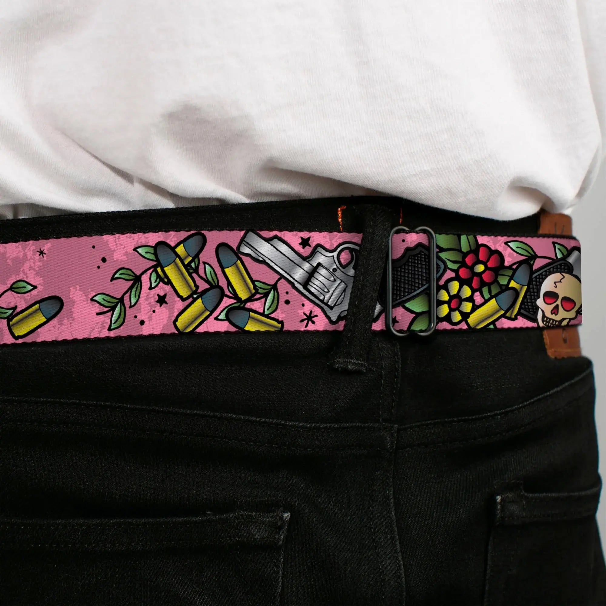 BD Wings Logo CLOSE-UP Full Color Black Silver Seatbelt Belt - Born to Raise Hell CLOSE-UP Pink Webbing - Buckle-Down - Flyclothing LLC