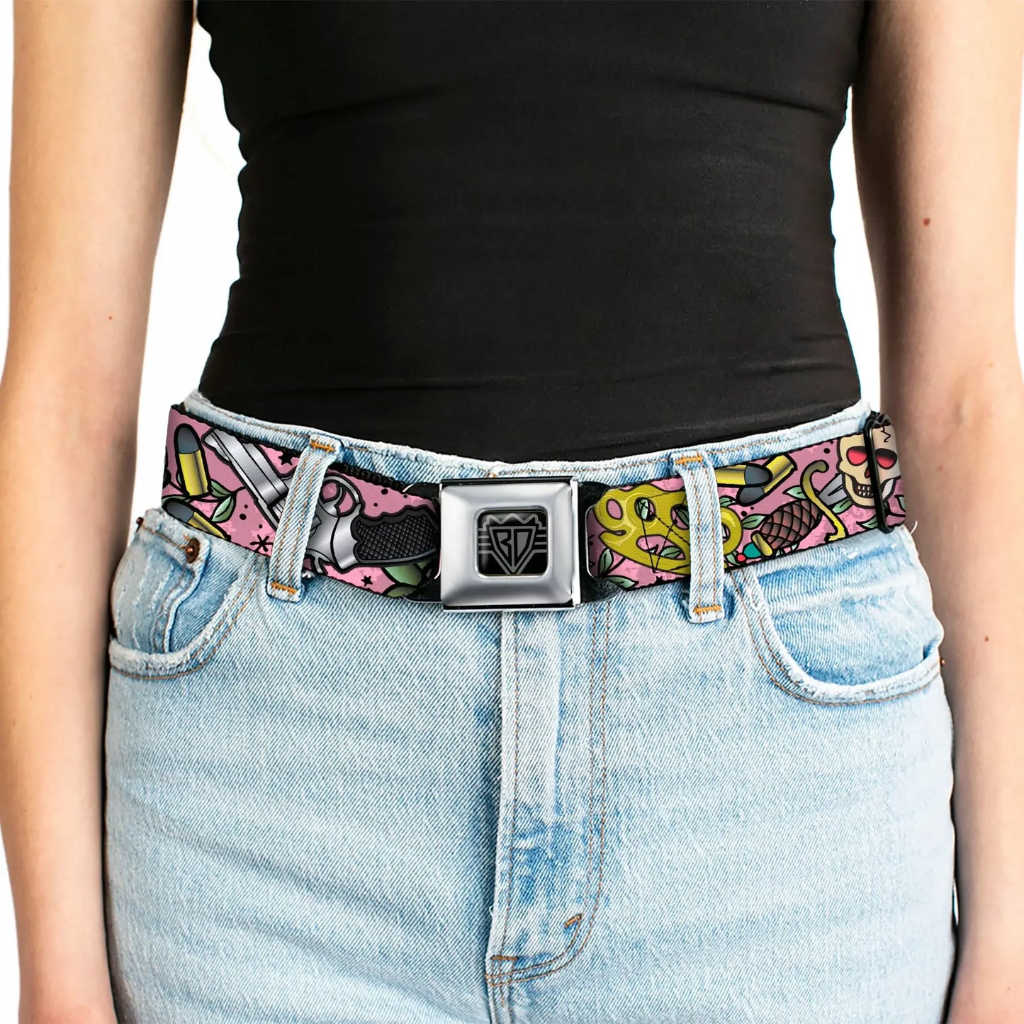 BD Wings Logo CLOSE-UP Full Color Black Silver Seatbelt Belt - Born to Raise Hell CLOSE-UP Pink Webbing - Buckle-Down - Flyclothing LLC