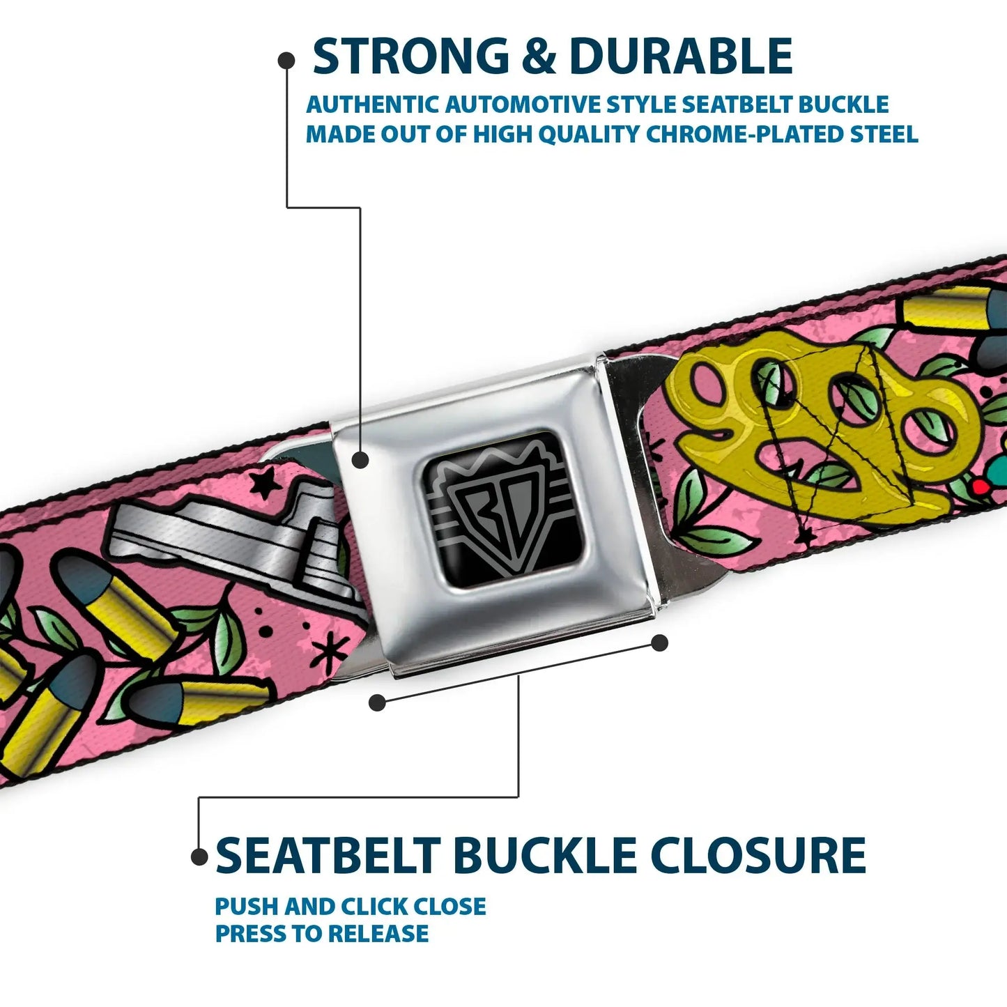 BD Wings Logo CLOSE-UP Full Color Black Silver Seatbelt Belt - Born to Raise Hell CLOSE-UP Pink Webbing - Buckle-Down - Flyclothing LLC
