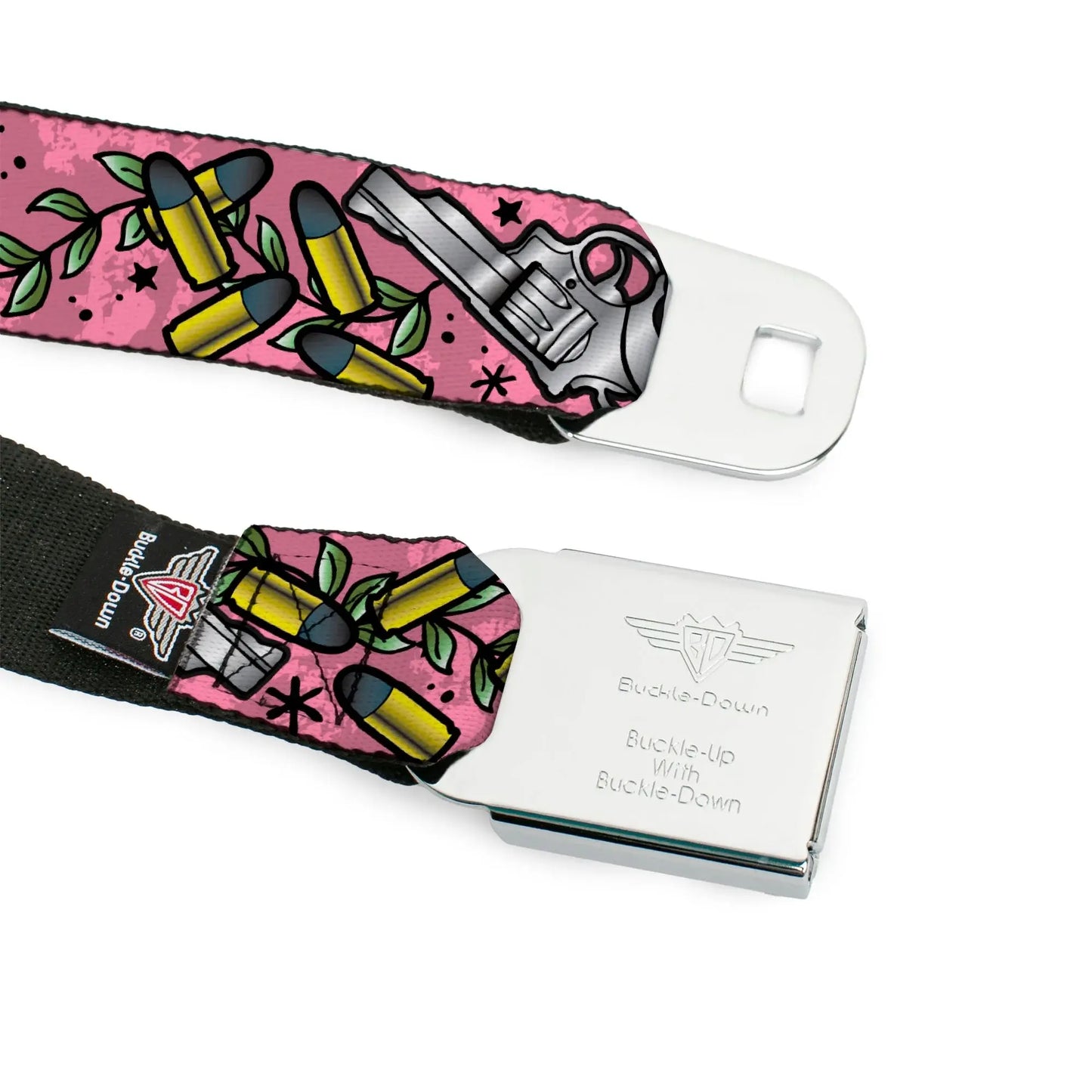 BD Wings Logo CLOSE-UP Full Color Black Silver Seatbelt Belt - Born to Raise Hell CLOSE-UP Pink Webbing - Buckle-Down - Flyclothing LLC