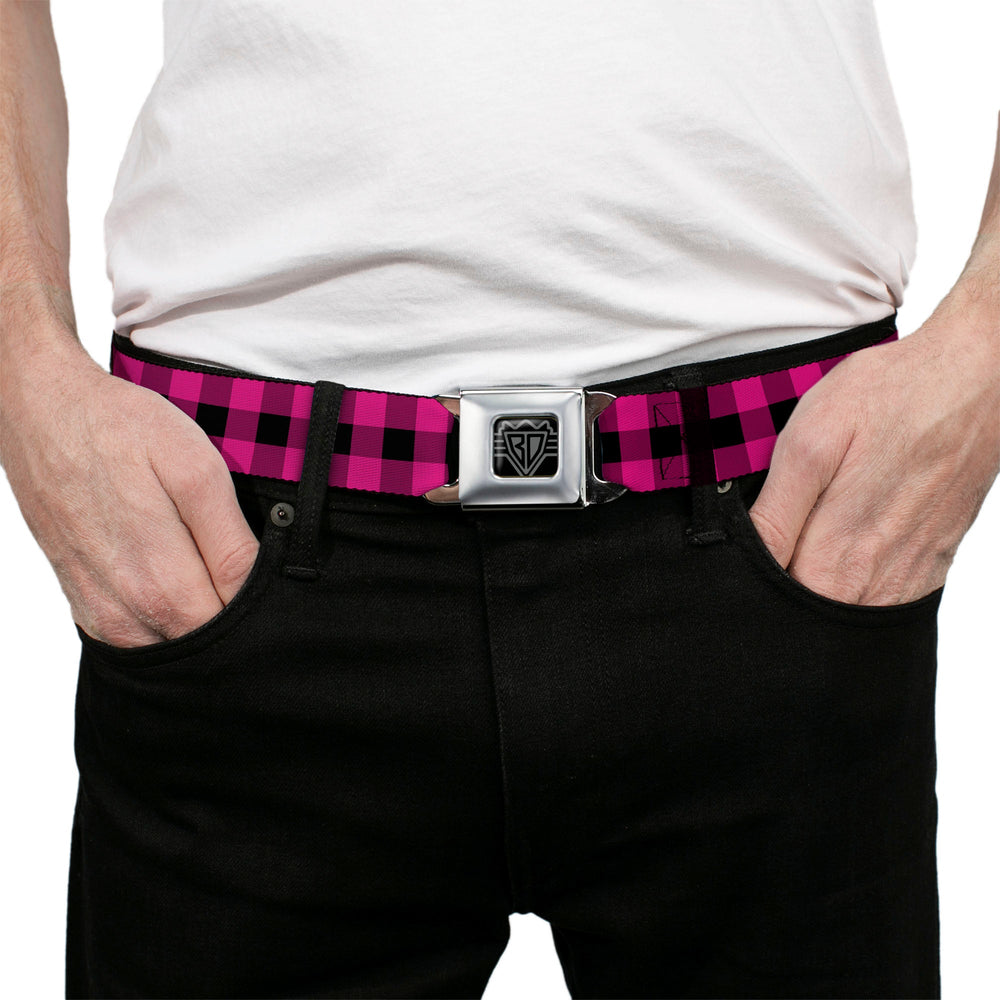 BD Wings Logo CLOSE-UP Full Color Black Silver Seatbelt Belt - Buffalo Plaid Black/Fuchsia Webbing - Buckle-Down - Flyclothing LLC