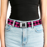 BD Wings Logo CLOSE-UP Full Color Black Silver Seatbelt Belt - Buffalo Plaid Black/Fuchsia Webbing - Buckle-Down - Flyclothing LLC