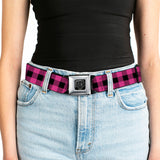 BD Wings Logo CLOSE-UP Full Color Black Silver Seatbelt Belt - Buffalo Plaid Black/Fuchsia Webbing - Buckle-Down - Flyclothing LLC
