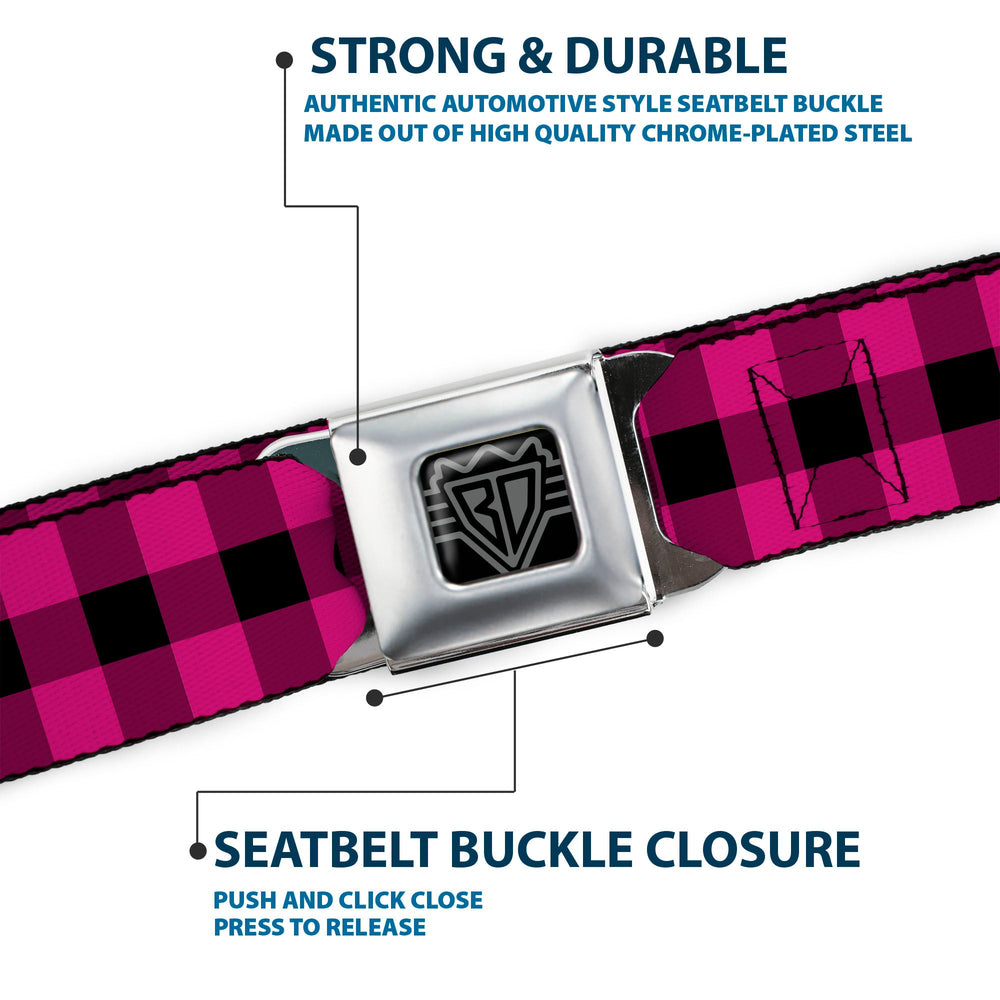 BD Wings Logo CLOSE-UP Full Color Black Silver Seatbelt Belt - Buffalo Plaid Black/Fuchsia Webbing - Buckle-Down - Flyclothing LLC