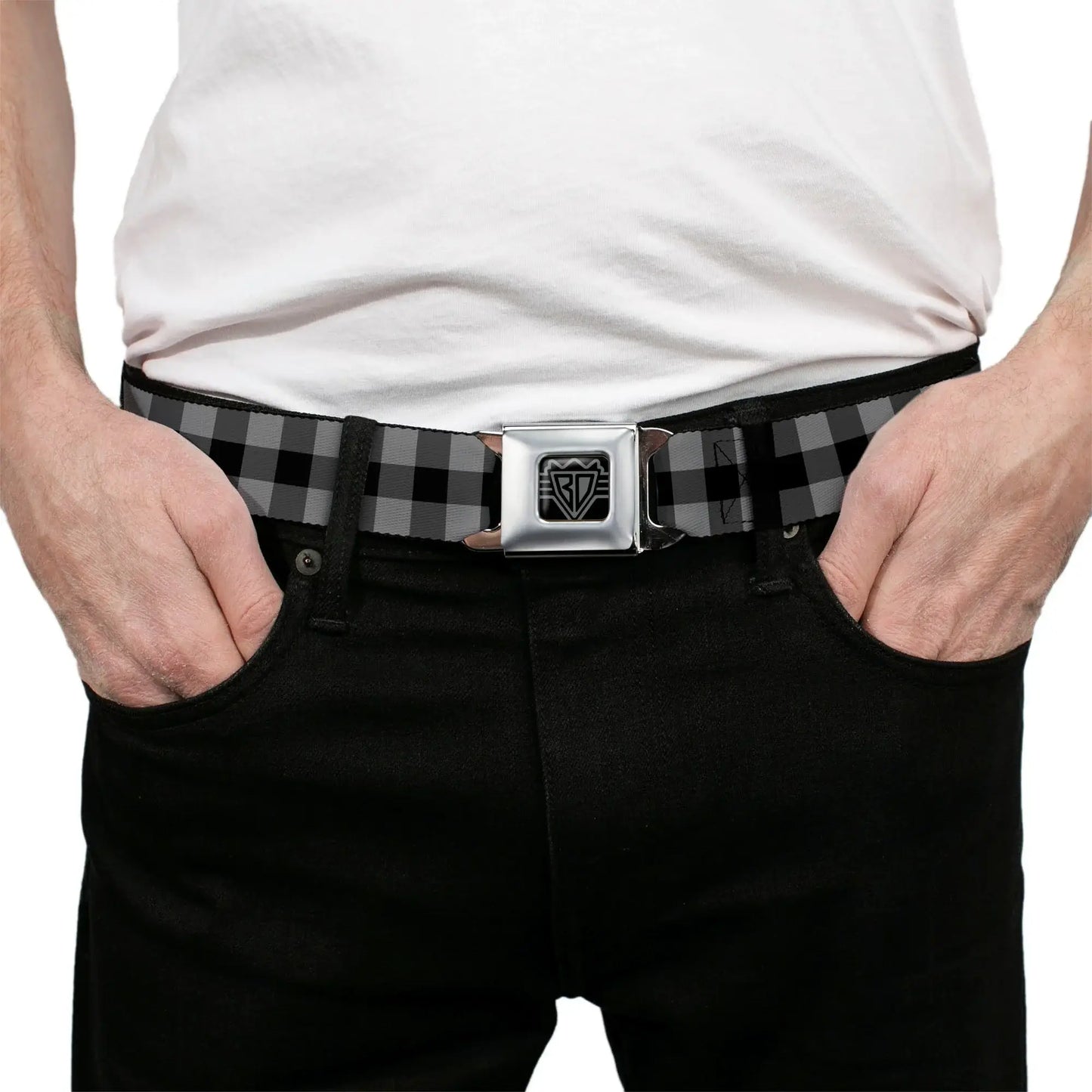BD Wings Logo CLOSE-UP Full Color Black Silver Seatbelt Belt - Buffalo Plaid Black/Gray Webbing - Buckle-Down - Flyclothing LLC